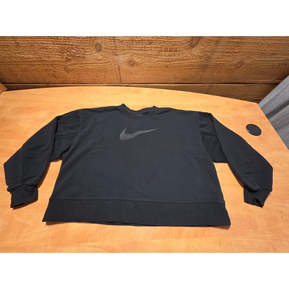 Nike Sportswear Womens Black Beaded Swoosh Logo Sweatshirt Pullover Crewneck